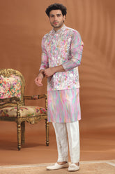 Pink and Multi Colored Printed Kurta Pajama with Embroidered Mirror Worked Jacket